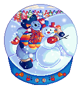 A pixel art illustration of Barnaby inside a snowglobe with a snowman, all ready for Homewarming!