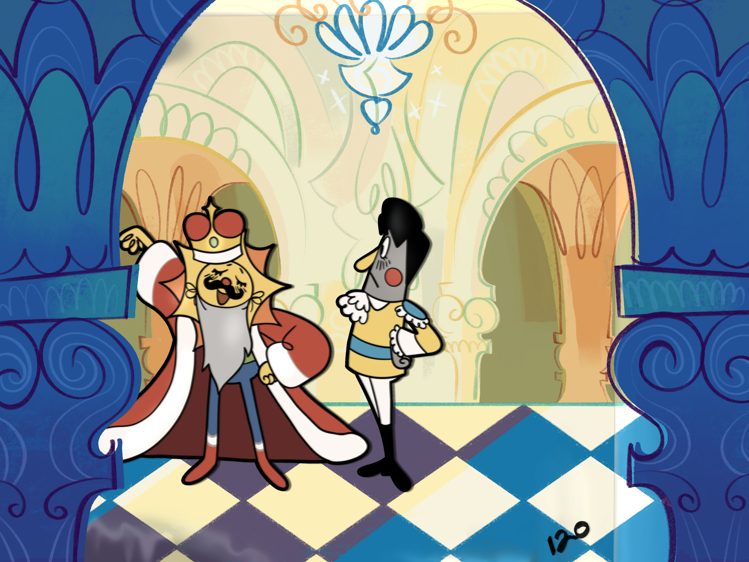 An animation cel showing Sally as the king, and Frank as the prince, they're in a lavish castle.