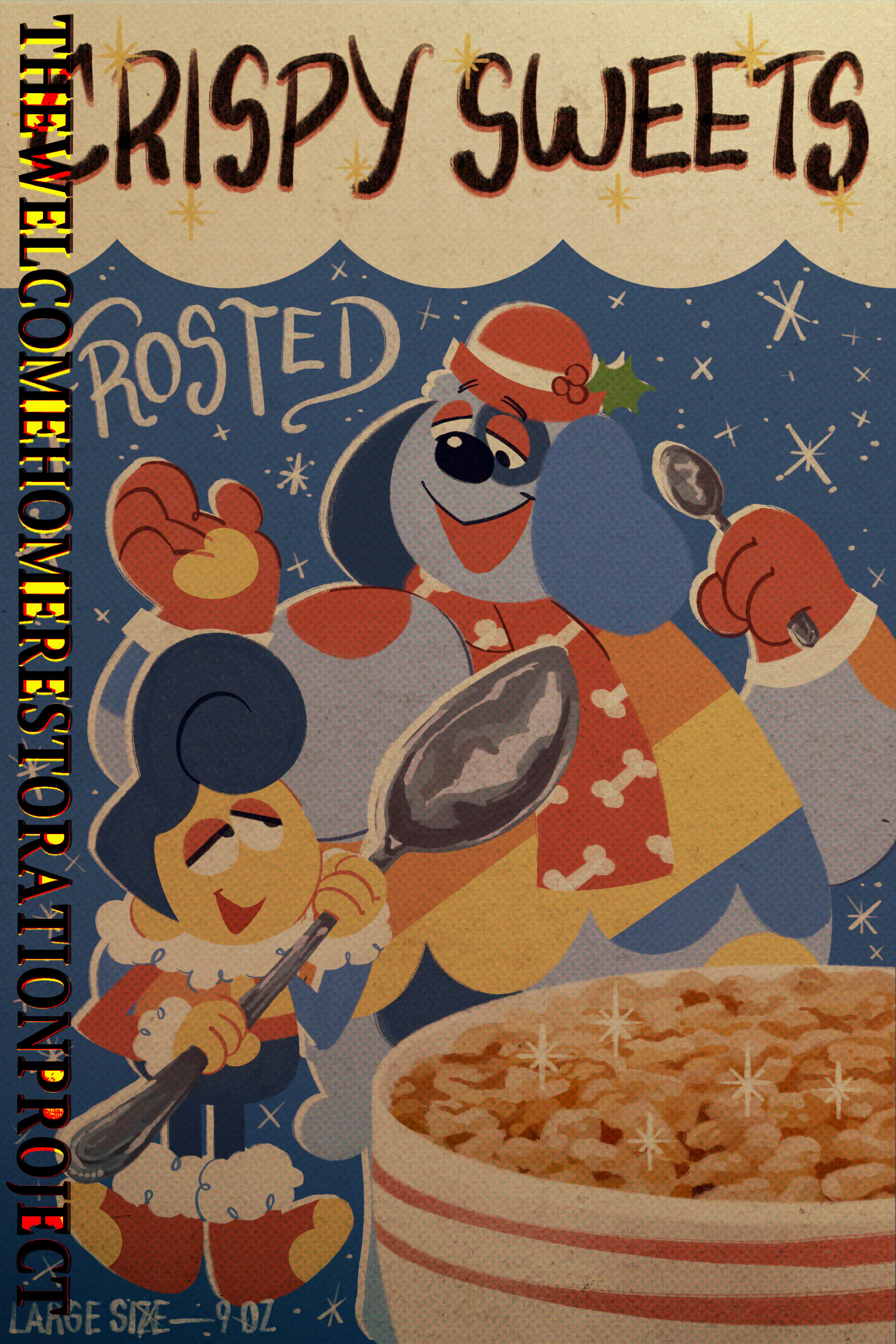 The front of a Crispy Sweets Frosted cereal box, Wally and Barnaby are in their winter wear, and holding spoons in front of a large bowl of cereal
