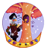 A pixel art illustration of Frank inside a snowglobe, he's singing Homewarming carols to a snail in a tree
