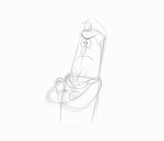 A uncolored sketch animation of Frank Frankly's head spinning all the way around. He has a stern expression and is crossing his arms.