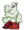 A pixel art illustration of Howdy dressed up for Halloween