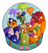 A pixel art illustration of inside a snowglobe, he's with his family