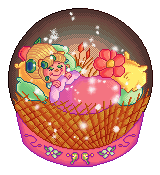 A pixel art illustration of Julie inside a snowglobe, she's hibernating!
