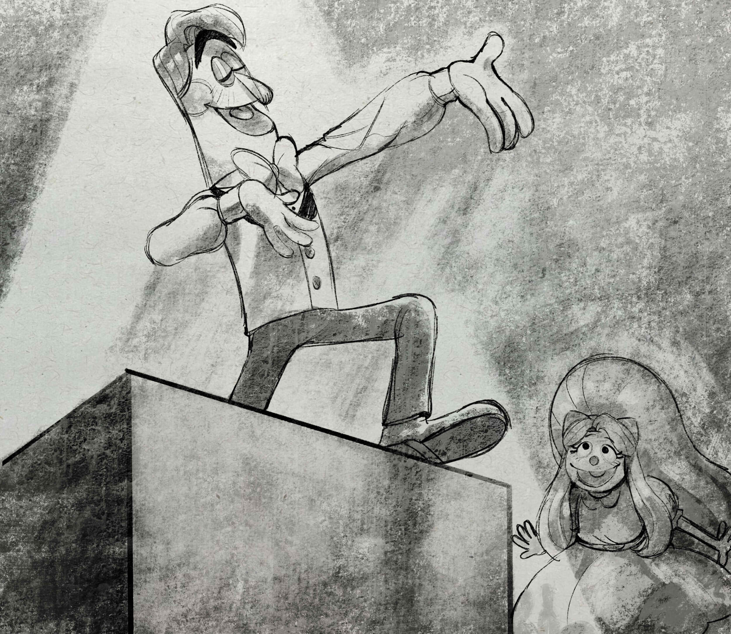 A black and white illustration Frank smiling under a spotlight, with Julie smiling off to the side watching him.