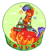 A pixel art illustration of Poppy inside a snowglobe, she's holding up a festive Gelatin Homewarming dish