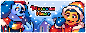 A winter themed pixel art banner with Barnaby and Wally